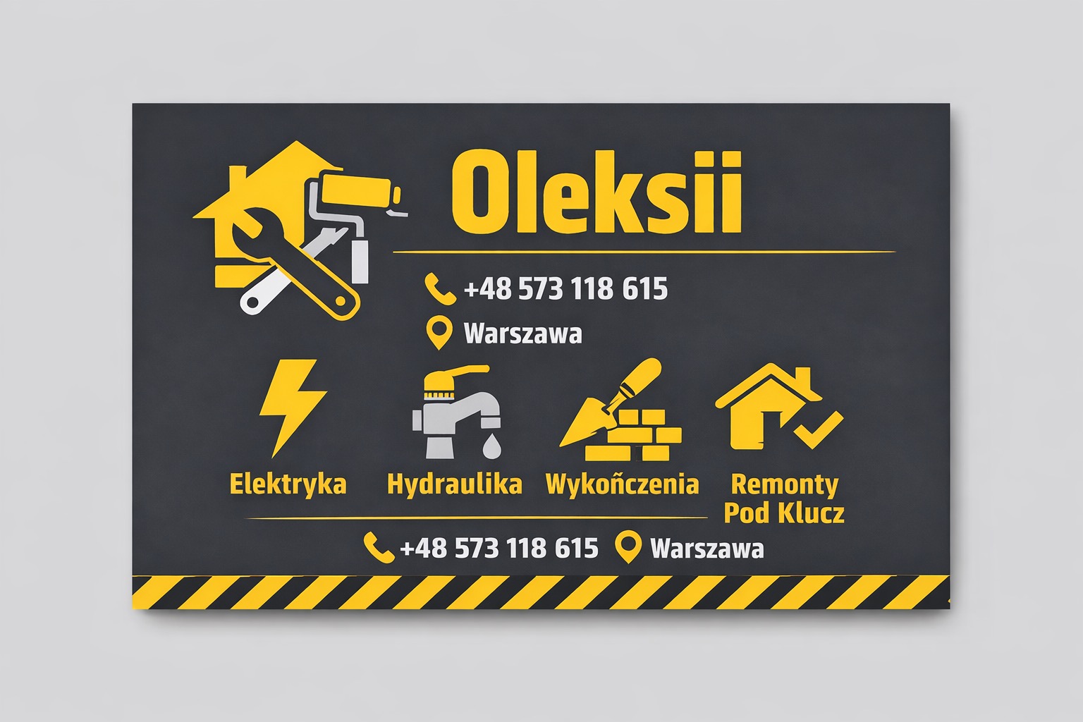 Grafika reklamowa firmy remontowej Oleksii z Warszawy. Żółte ikony: dom z narzędziami, błyskawica, kran, kielnia z cegłami, dom z ptaszkiem. Numery telefonów i lokalizacja.