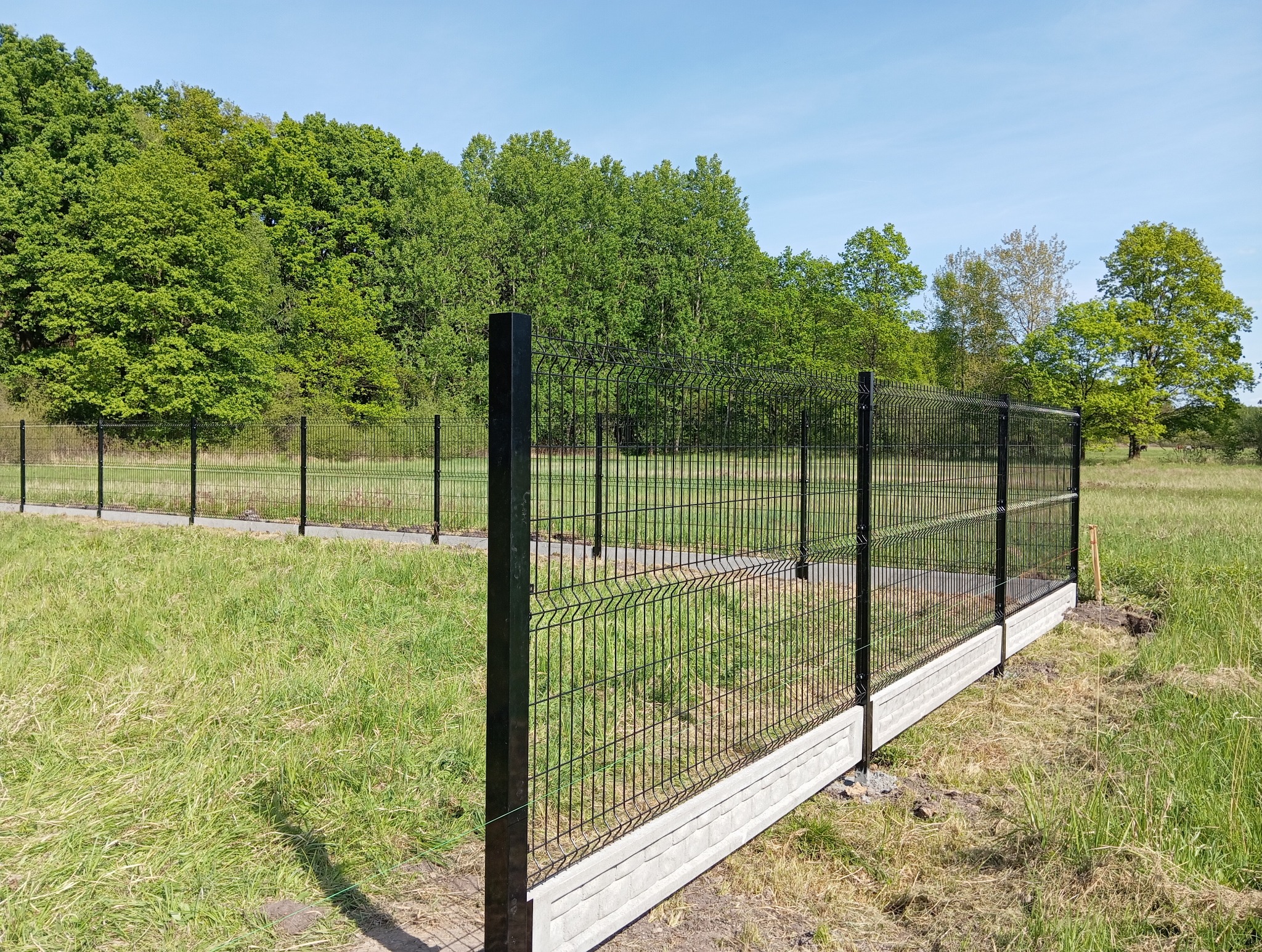 Nowoczesne ogrodzenie panelowe w kolorze czarnym z podmurówką, otoczone zielenią łąki i drzew, w słoneczny dzień. Widok z bliska na fragment ogrodzenia.