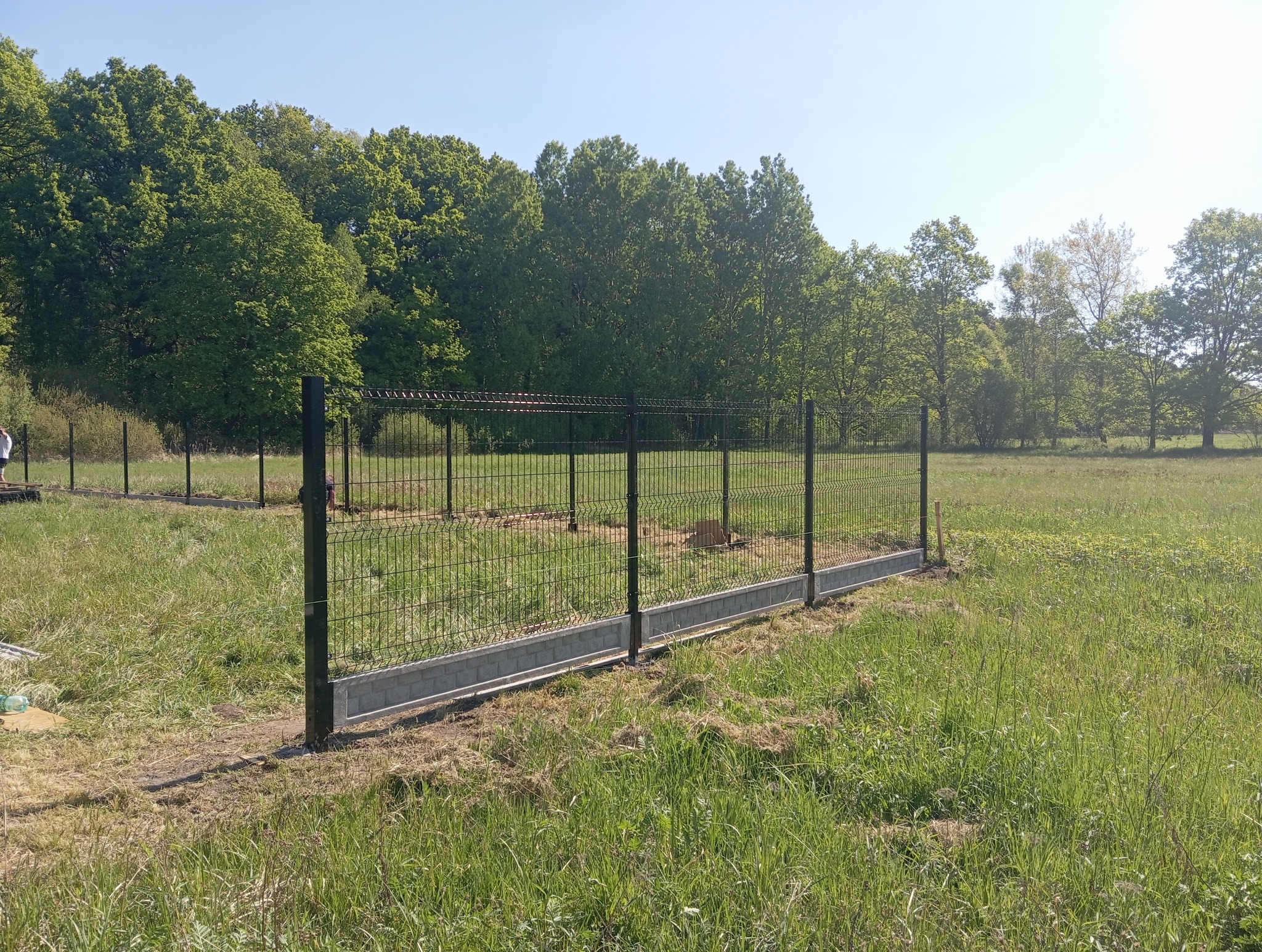 Częściowo zamontowane, czarne ogrodzenie panelowe z podmurówką na zielonej łące. W tle drzewa.