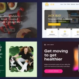 Kompozycja czterech miniatur stron internetowych: dietetyk, firma remontowa, schronisko dla zwierząt i aplikacja fitness.