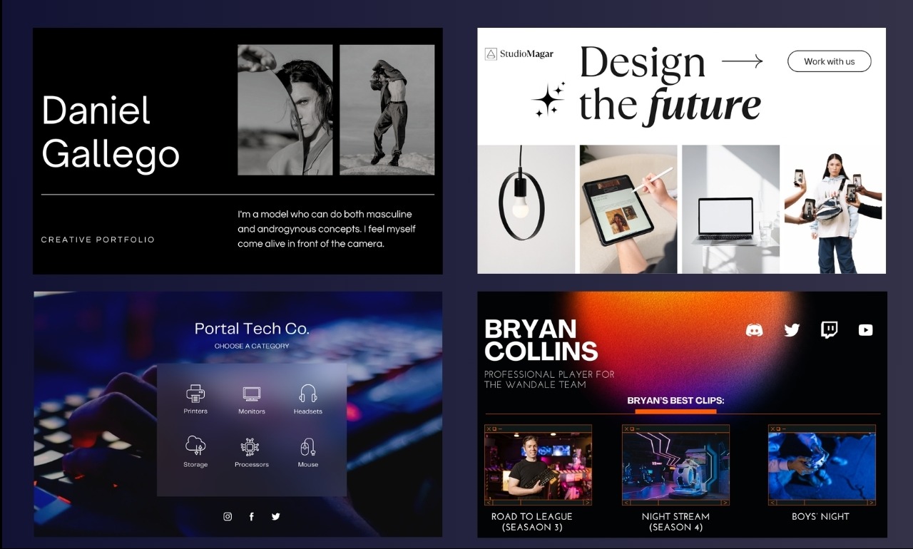 Kompozycja graficzna prezentująca cztery różne projekty portfolio: modela, studia graficznego, sklepu z elektroniką i streamera gier.