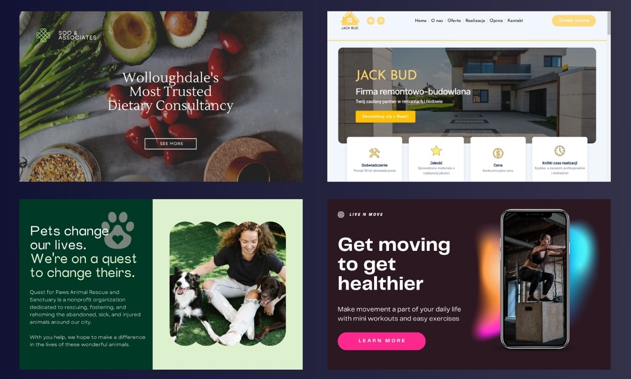 Kompozycja czterech miniatur stron internetowych: dietetyk, firma remontowa, schronisko dla zwierząt i aplikacja fitness.