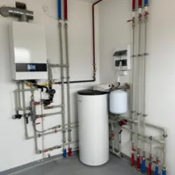 Nowoczesna instalacja grzewcza z piecem gazowym, zasobnikiem ciepłej wody i rozdzielnicą elektryczną w pomieszczeniu technicznym w Ciemnem. Widoczne rury z oznaczeniami kolorystycznymi i liczne...