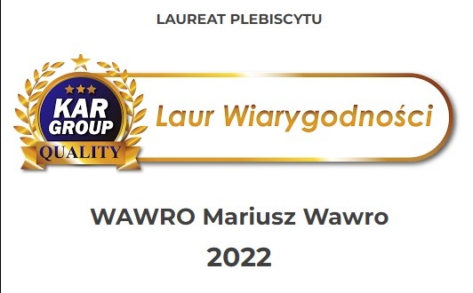 Logo 'Laur Wiarygodności' dla firmy KAR GROUP QUALITY, przyznane Mariuszowi Wawro w 2022 roku, jako laureatowi plebiscytu.