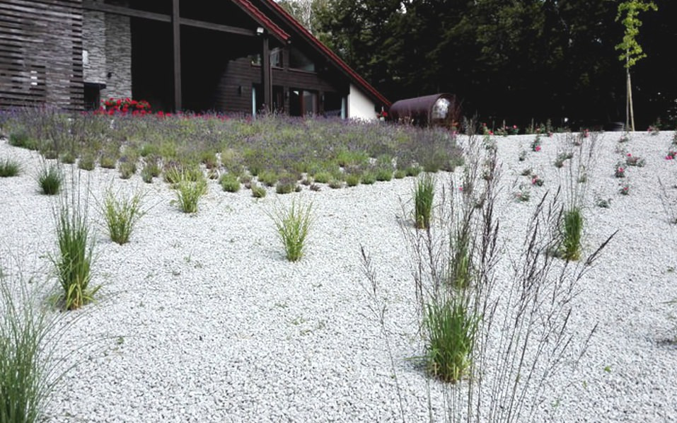 Nowoczesny ogród z białym żwirem, ozdobnymi trawami i kwitnącymi roślinami na skarpie przed domem z drewnianą elewacją.