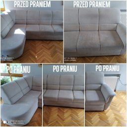 Stop Plamom - Narożnik modułowy przed i po praniu. Widoczne różnice w czystości tapicerki na tle parkietu. Ujęcie z góry, pokazujące efekt usługi.