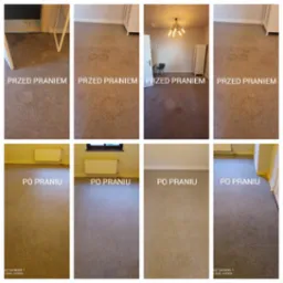 Dywan przed i po praniu: widoczne różnice w czystości i kolorze, usunięte plamy, jaśniejszy odcień. Na dole kadru widoczny napis 'PO PRANIU'.