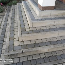 Stop Plamom - Schody wejściowe wyłożone kostką brukową w odcieniach szarości i beżu, z widocznymi fugami i fragmentem rabaty kwiatowej z różowymi hortensjami w tle.