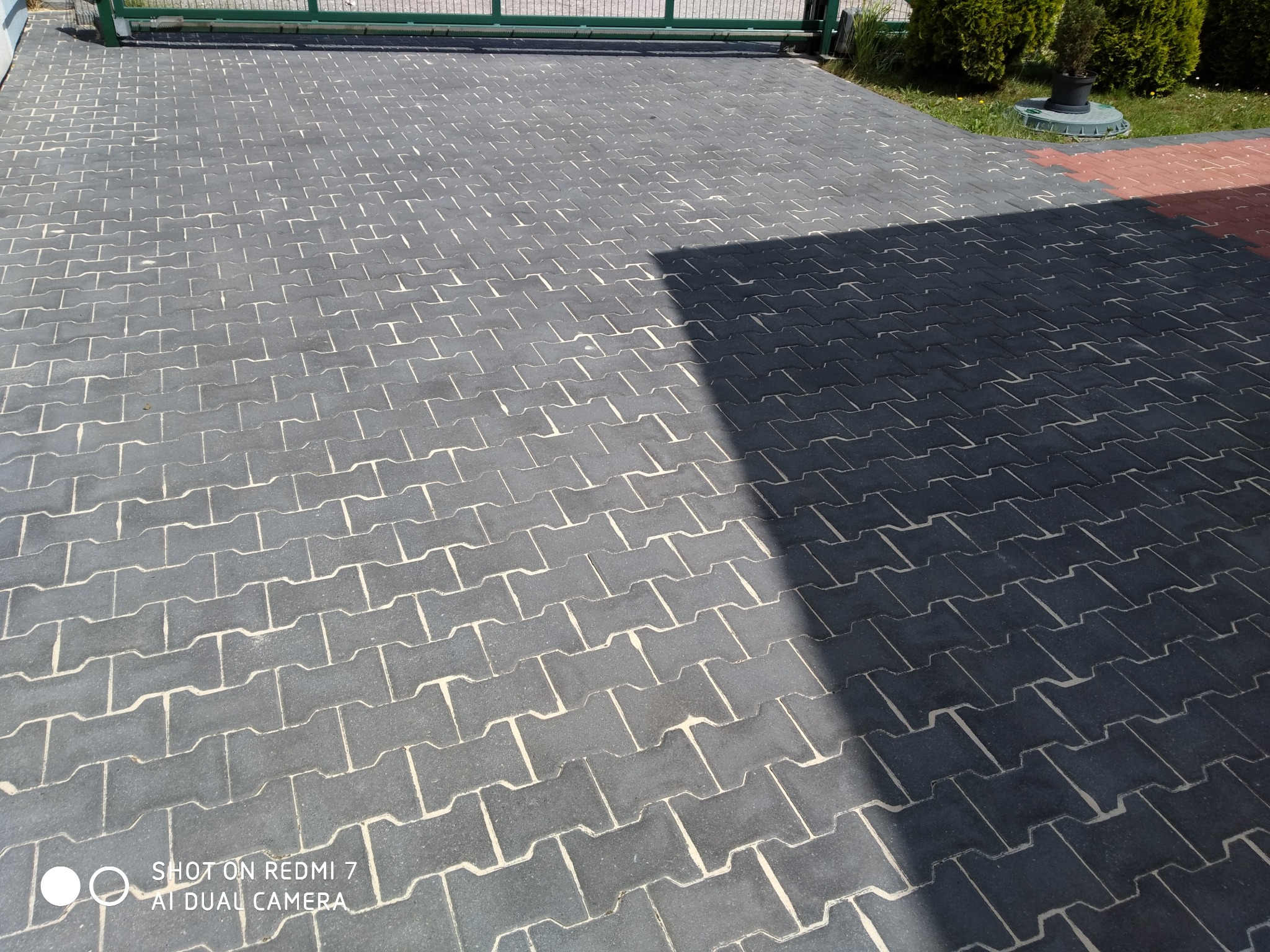 Czysta, szara kostka brukowa po umyciu w Krakowie, widok z góry. Częściowo zacieniona, w tle zielona brama i roślinność. Regularny wzór kostki.