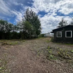 Teren po wycince drzew i krzewów, widoczne pnie po ściętych drzewach, gałęzie i liście na ziemi, mały drewniany budynek w tle, błękitne niebo z chmurami.