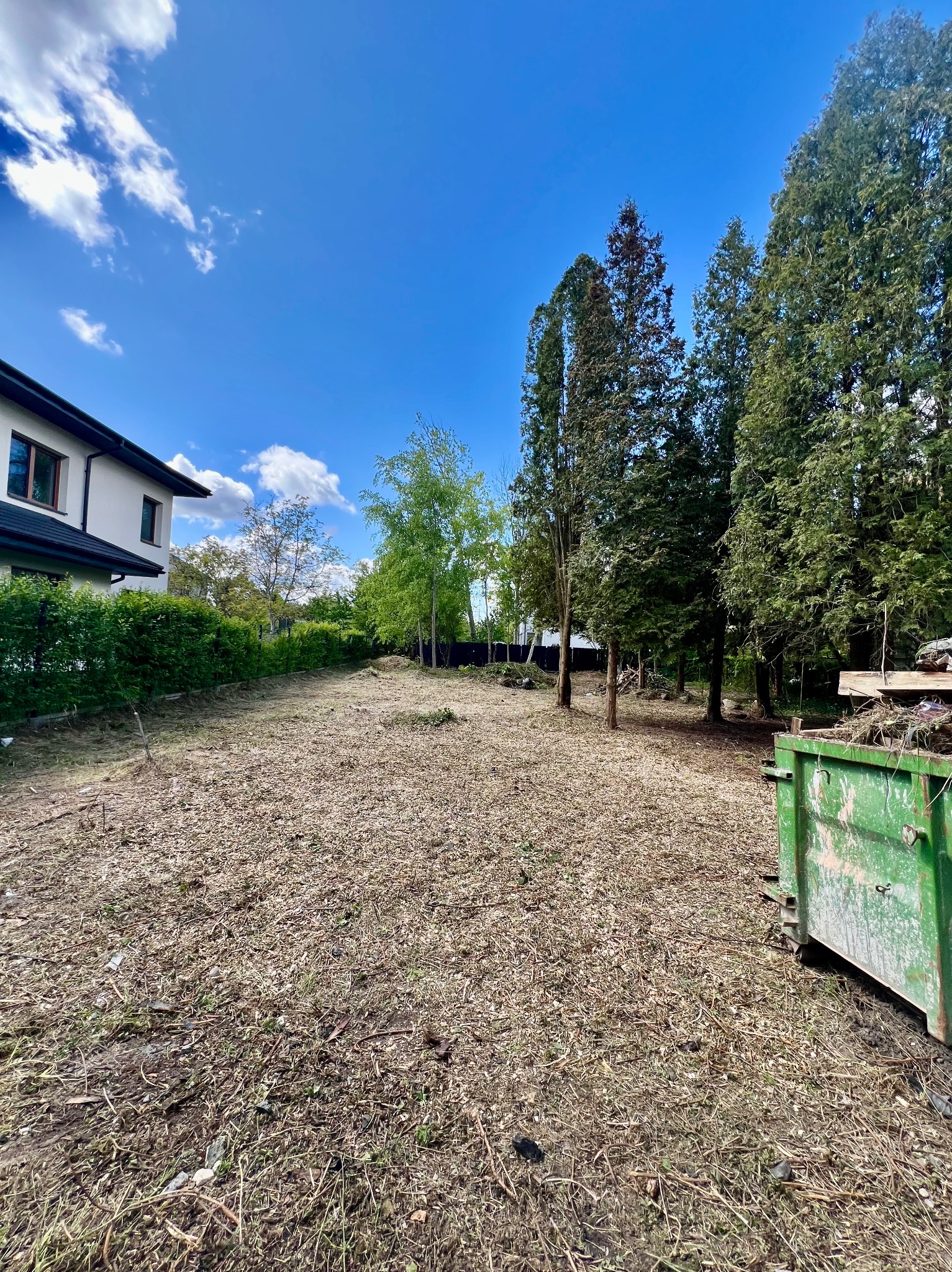 Teren po wycince drzew i krzewów, z widocznym kontenerem na odpady zielone, przygotowany pod nowe nasadzenia lub trawnik.