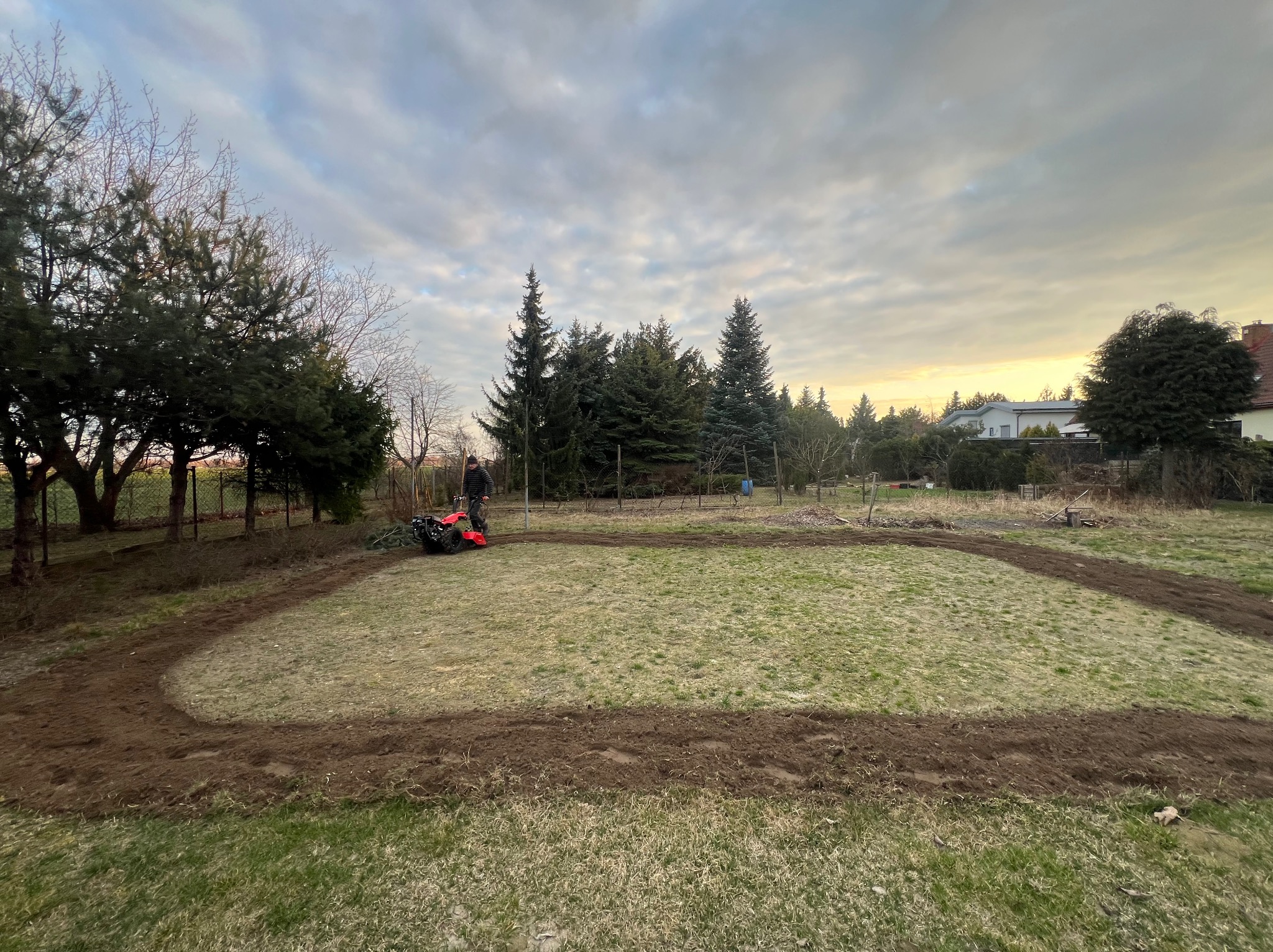 Przygotowanie terenu pod trawnik: glebogryzarka wyznacza obrys przyszłego trawnika na zarośniętej działce. Widoczne drzewa i zabudowania w tle.