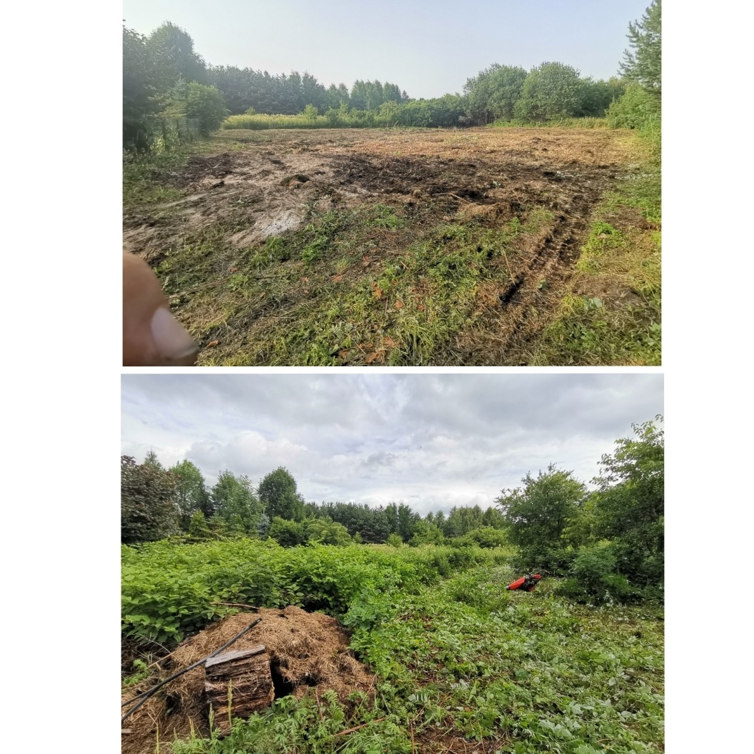 Dwa ujęcia terenu: górne przedstawia przygotowany, częściowo zniwelowany obszar z widocznymi śladami opon, dolne pokazuje teren przed niwelacją, z dużą ilością zieleni, stertą siana i widoczną...