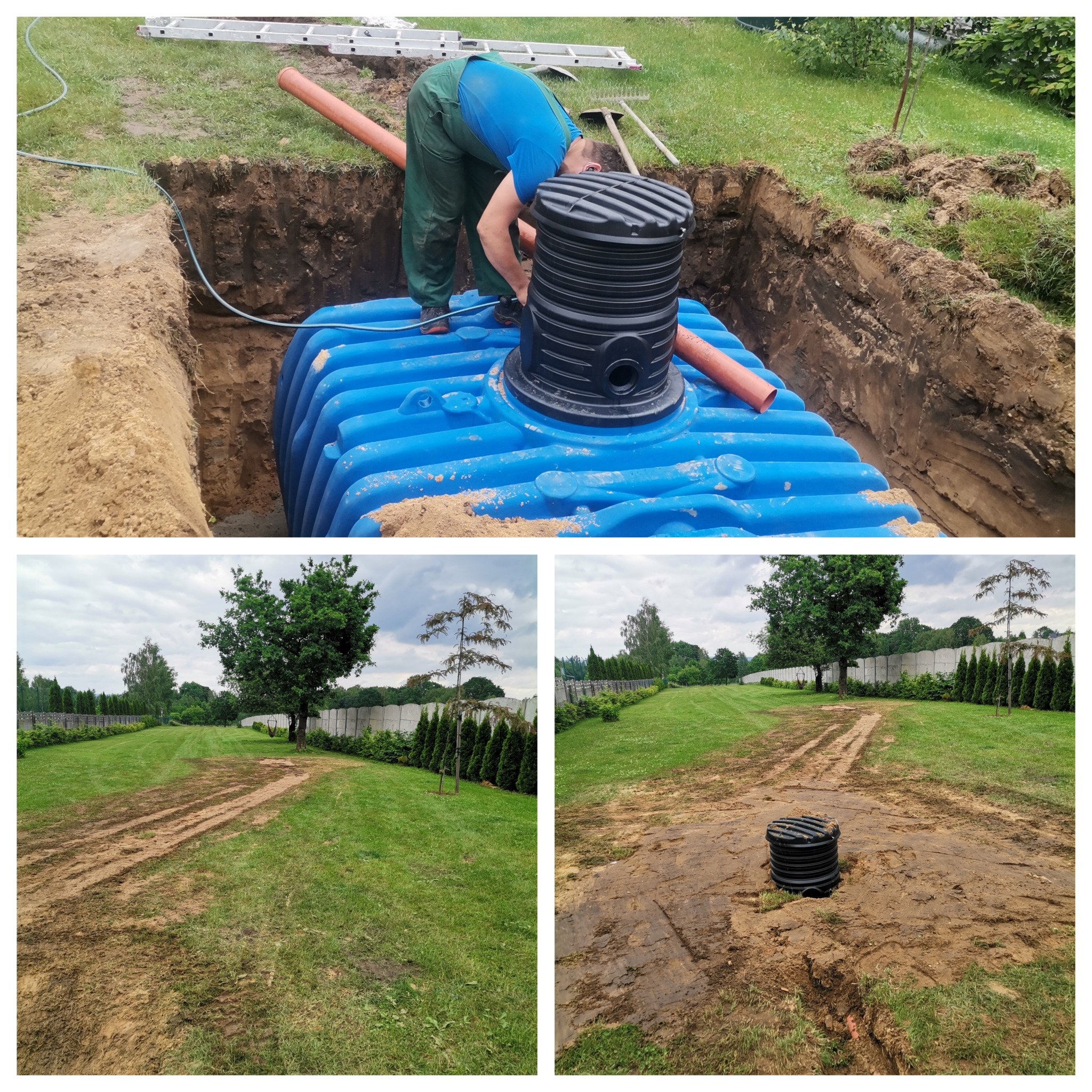Montaż niebieskiego zbiornika retencyjnego w wykopie ziemnym, widoczny pracownik w zielonym kombinezonie podłączający rury, w tle trawnik z widocznymi śladami po pracach ziemnych.