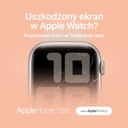 AppleHome - serwis Apple Warszawa serwis iPhone - Zbliżenie na uszkodzony ekran Apple Watch z widocznymi pęknięciami na wyświetlaczu, prezentowany na jasnoróżowym tle z logotypem serwisu AppleHome.