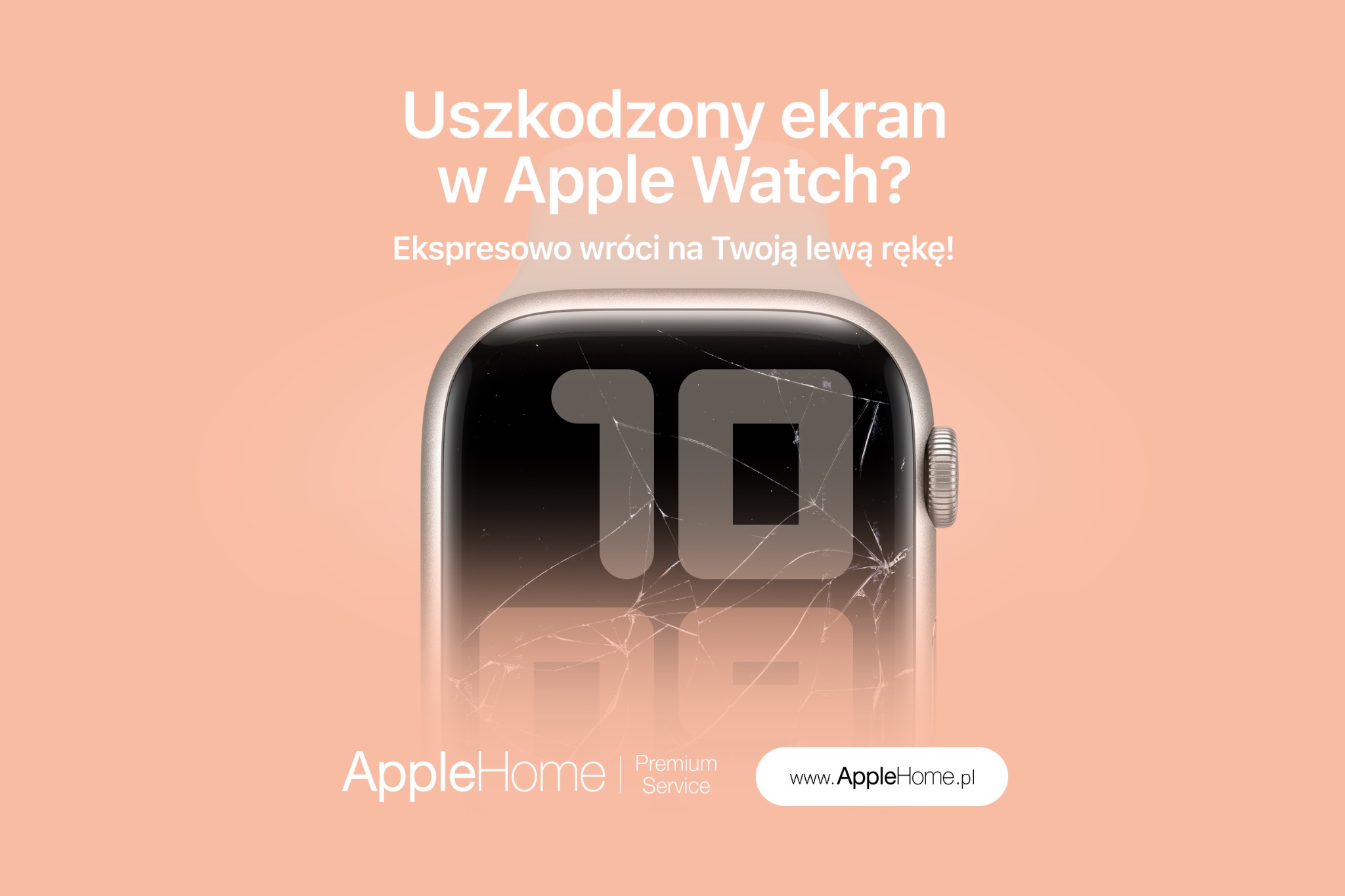 Zbliżenie na uszkodzony ekran Apple Watch z widocznymi pęknięciami na wyświetlaczu, prezentowany na jasnoróżowym tle z logotypem serwisu AppleHome.