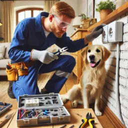 Elektryk w okularach ochronnych, kombinezonie i rękawicach, z obcęgami w dłoni, pracuje przy gniazdku elektrycznym na ceglanej ścianie, obok siedzi uśmiechnięty golden retriever, na podłodze...