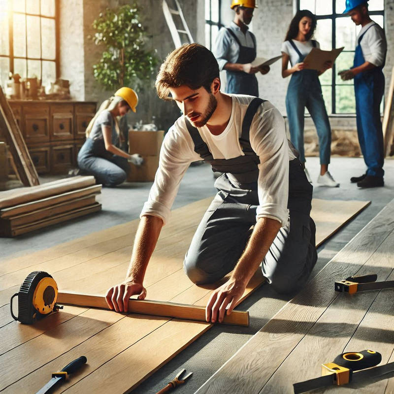 Mężczyzna w kombinezonie klęczy na podłodze, mierząc deskę drewnianą przy użyciu poziomicy i miarki; w tle zespół osób w kaskach przegląda plany, a kobieta w żółtym kasku sortuje kartony.