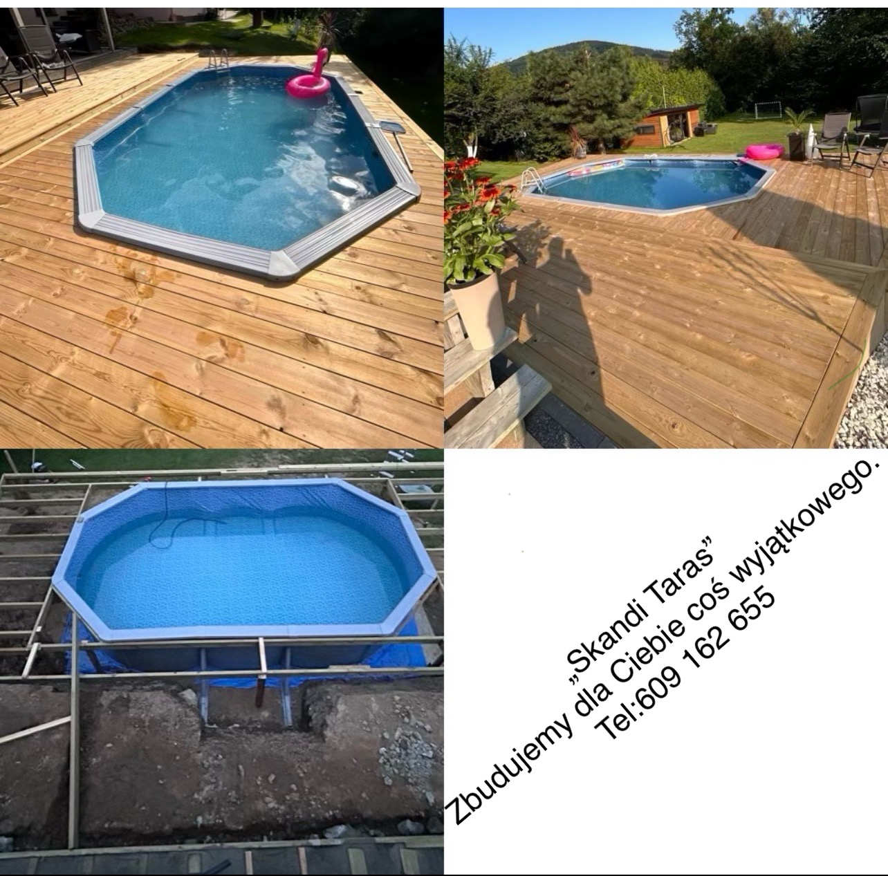 Montaż drewnianego tarasu wokół basenu ogrodowego: widok ogólny gotowej konstrukcji z basenem, zbliżenie na deski tarasowe i etap budowy z widocznym szkieletem tarasu.