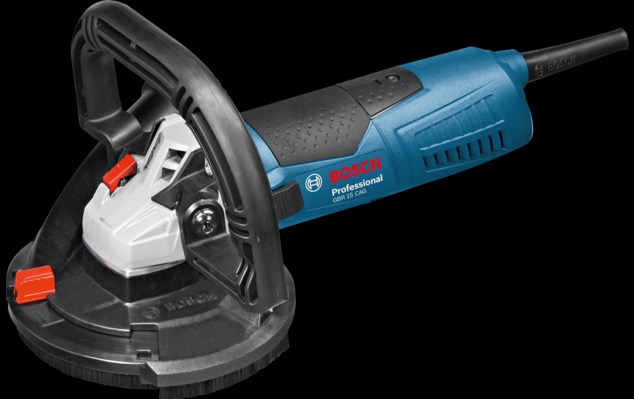 Profesjonalna szlifierka do betonu Bosch GBR 15 CAG z osłoną szczotkową, widok z boku na czarnym tle.