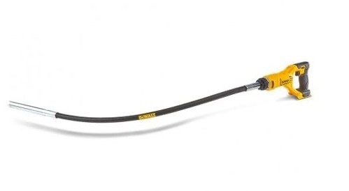 Wibrator do betonu DeWalt z elastycznym wałem, widok z boku na białym tle.