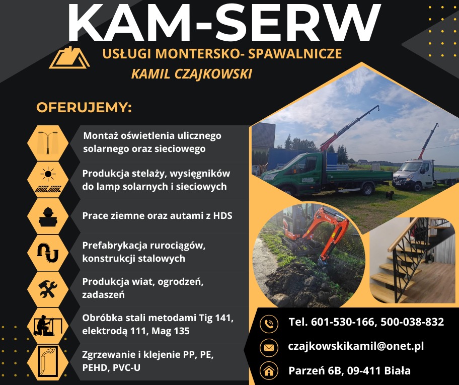 Reklama firmy KAM-SERW oferującej usługi montersko-spawalnicze, obejmujące montaż oświetlenia ulicznego, produkcję stelaży, prace ziemne z HDS, prefabrykację rurociągów, konstrukcje stalowe...