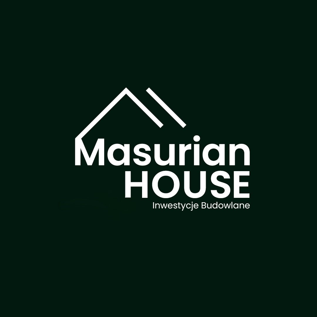 Logo firmy Masurian House Inwestycje Budowlane na ciemnozielonym tle, z graficznym symbolem dachu domu.