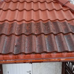 Ekspert czystości - Częściowo oczyszczony, czerwony dach z dachówki falistej, z widoczną różnicą w kolorze. Białe drzwi wejściowe i rynna z wodą.