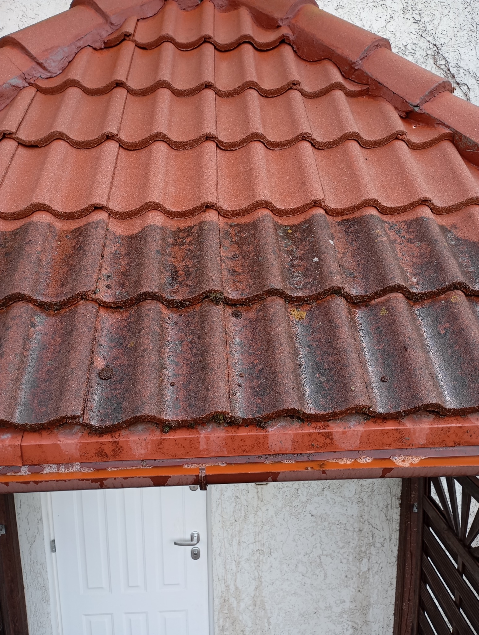 Częściowo oczyszczony, czerwony dach z dachówki falistej, z widoczną różnicą w kolorze. Białe drzwi wejściowe i rynna z wodą.