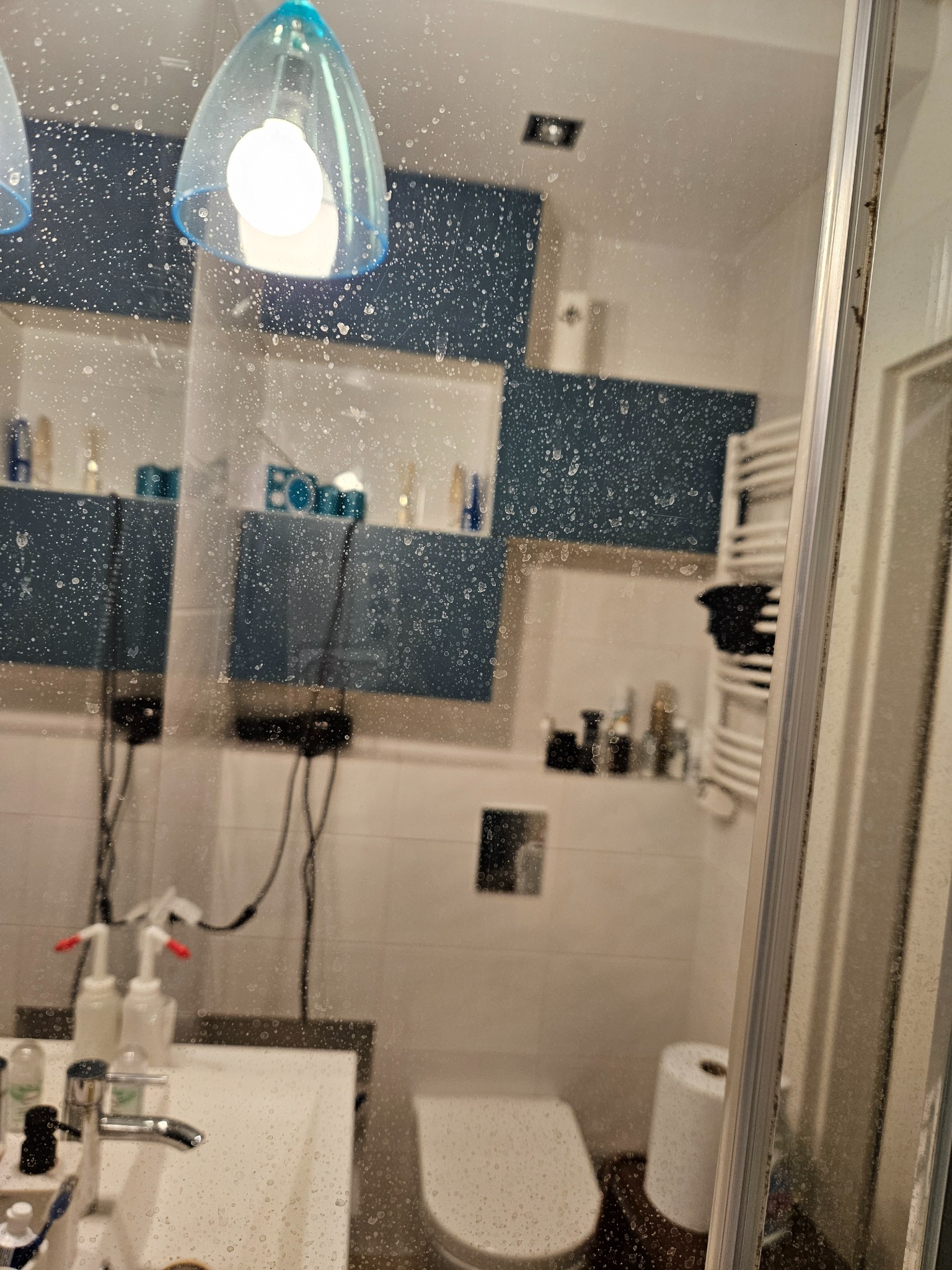 Kabina prysznicowa z widocznymi śladami po wodzie i mydle, w tle umywalka z dozownikami, toaleta, grzejnik drabinkowy i półki z kosmetykami.