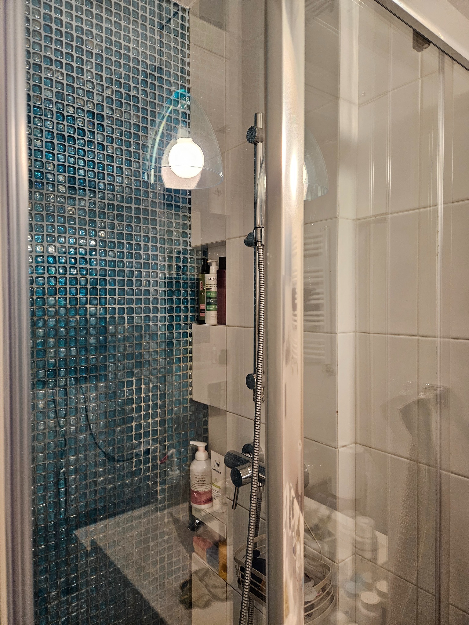 Wnętrze kabiny prysznicowej z niebieską mozaiką na ścianie, widoczne kosmetyki na półkach i szklane drzwi kabiny.