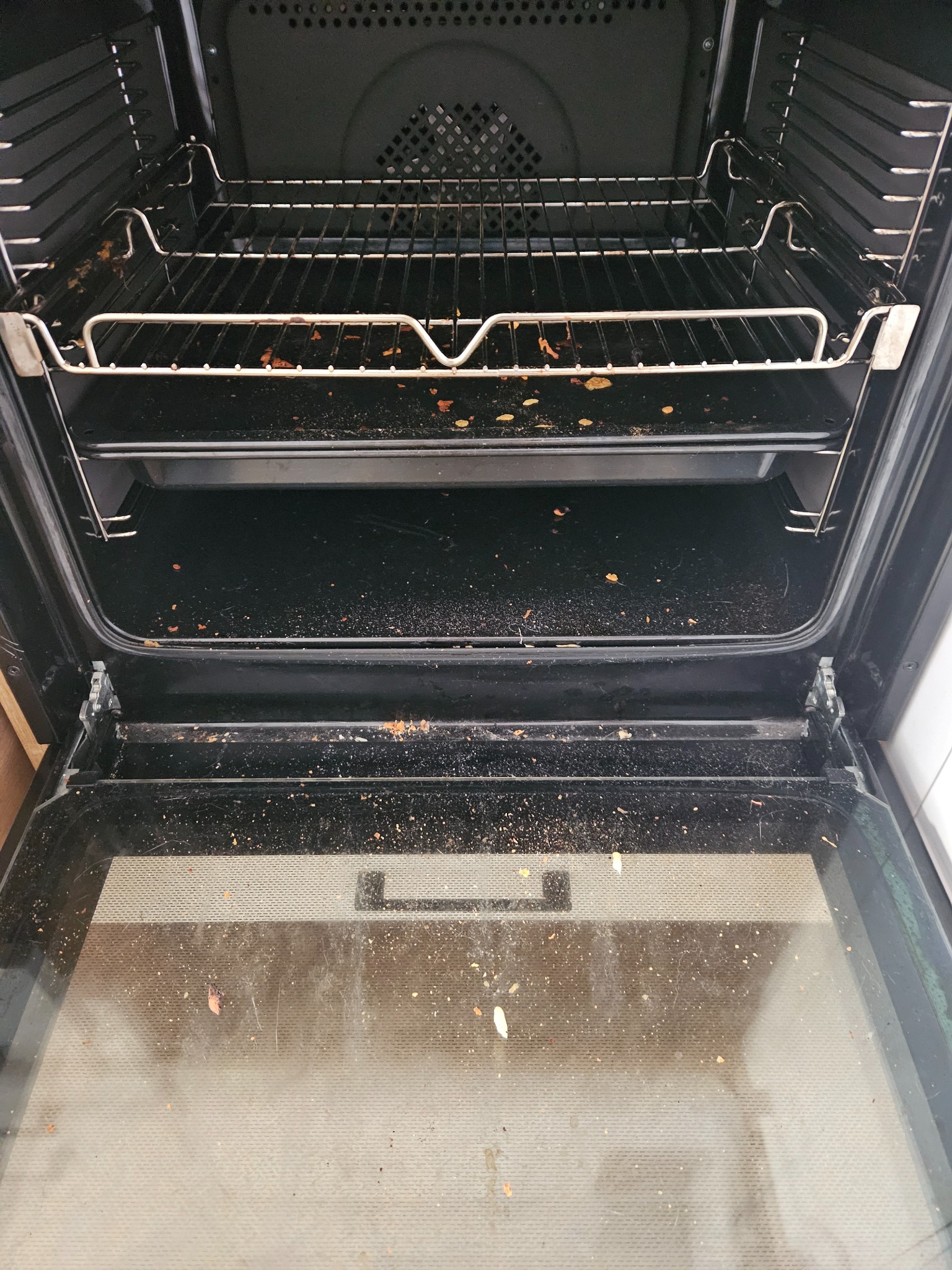 Wnętrze brudnego piekarnika z resztkami jedzenia na ruszcie, dnie i szklanych drzwiach.
