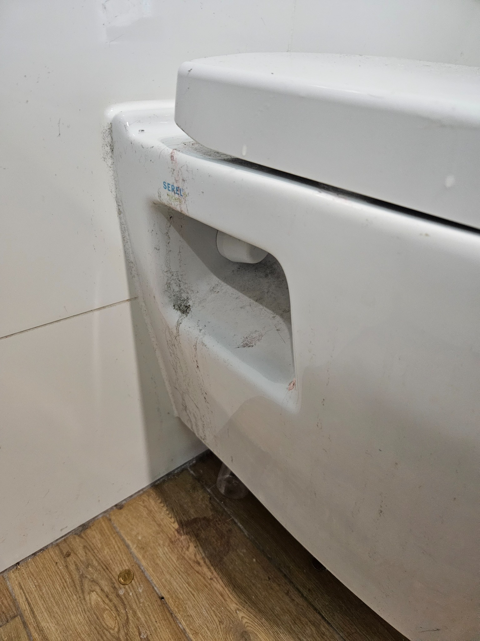 Biała, wisząca toaleta z osadami i zabrudzeniami na powierzchni, widoczna moneta na podłodze z paneli.