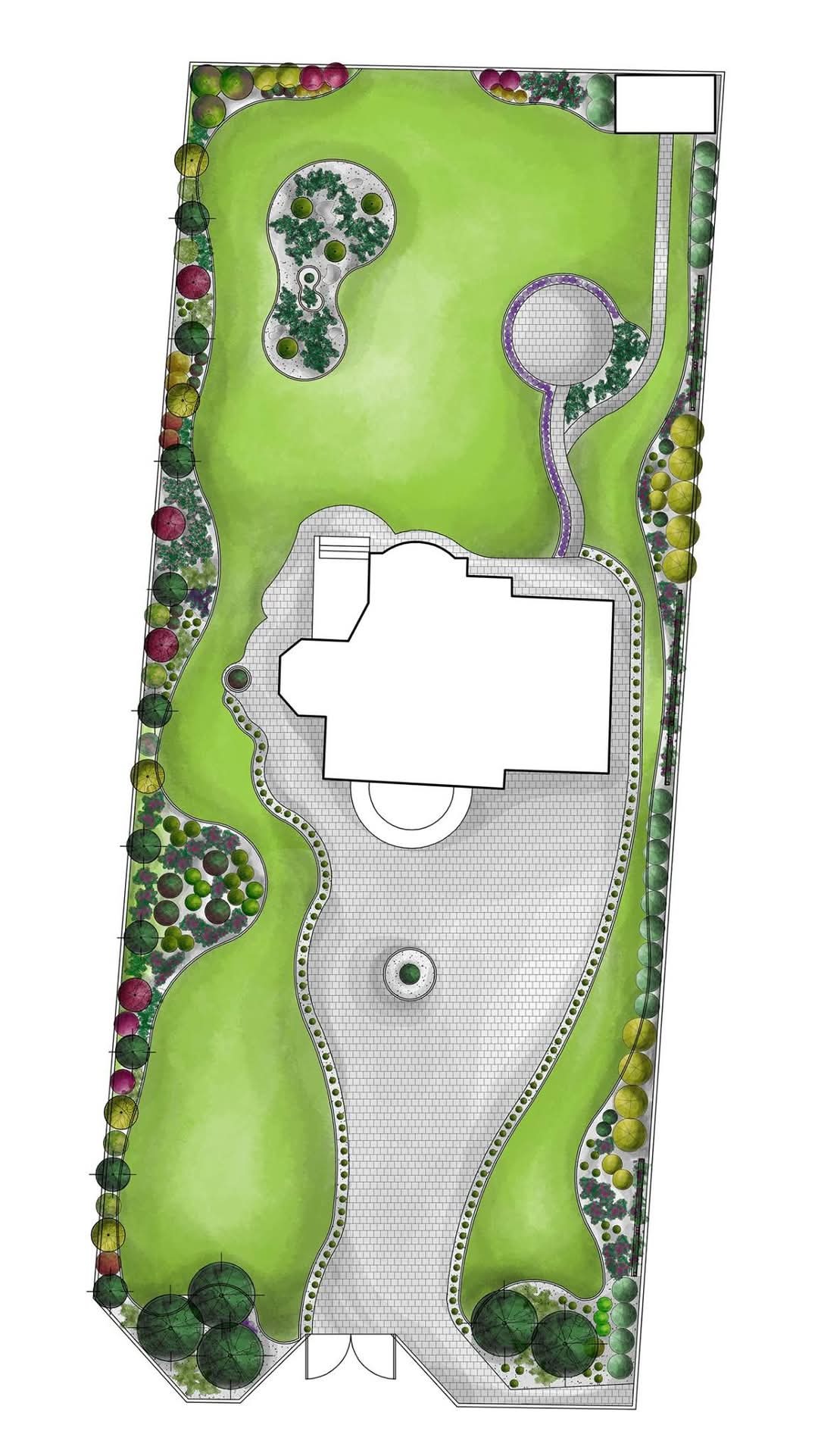 Plan zagospodarowania przestrzennego ogrodu z zaznaczoną bryłą domu, trawnikiem, ścieżkami z kostki, nasadzeniami drzew i krzewów, oraz elementami małej architektury.