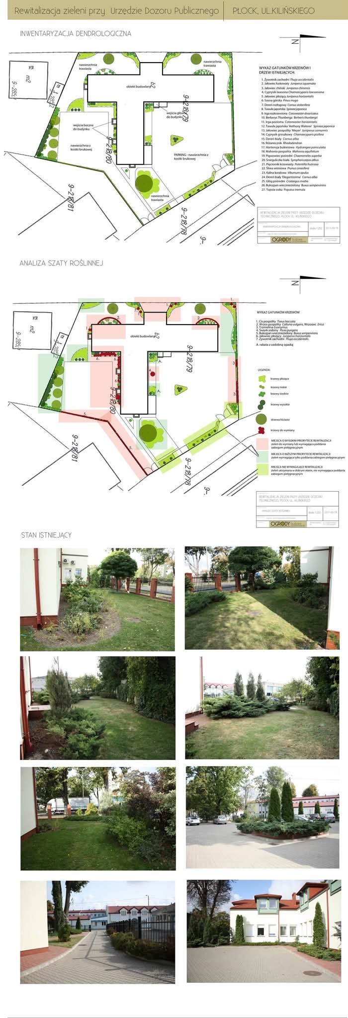 Zestawienie planów i zdjęć terenu zieleni przy budynku użyteczności publicznej w Płocku, prezentujące inwentaryzację dendrologiczną, analizę szaty roślinnej oraz stan istniejący przed rewitalizacją.