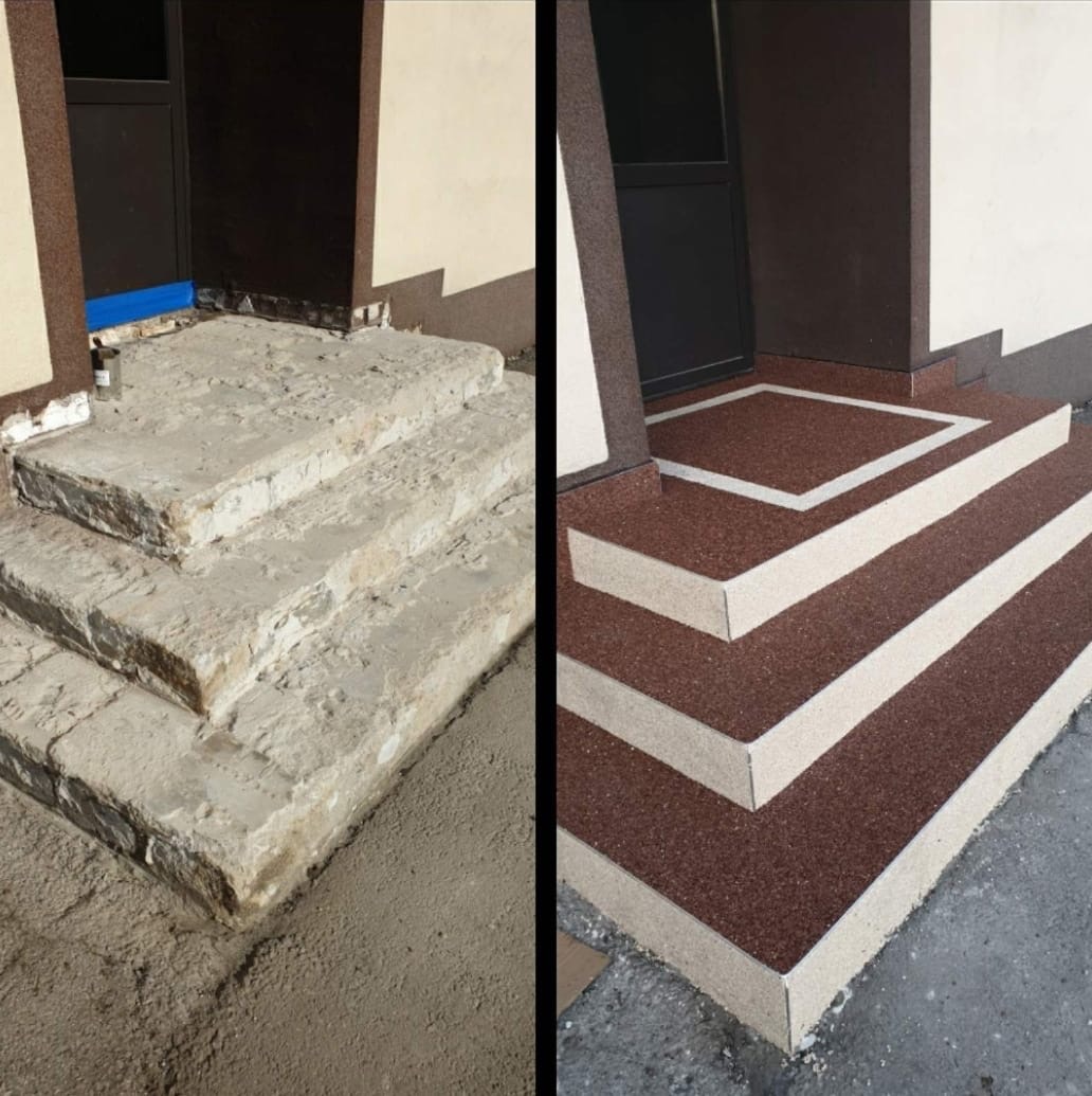 Porównanie stanu schodów wejściowych przed i po renowacji: surowe, betonowe stopnie po lewej stronie kontrastują z wykończonymi, brązowymi stopniami z żywicy z białymi krawędziami po prawej.