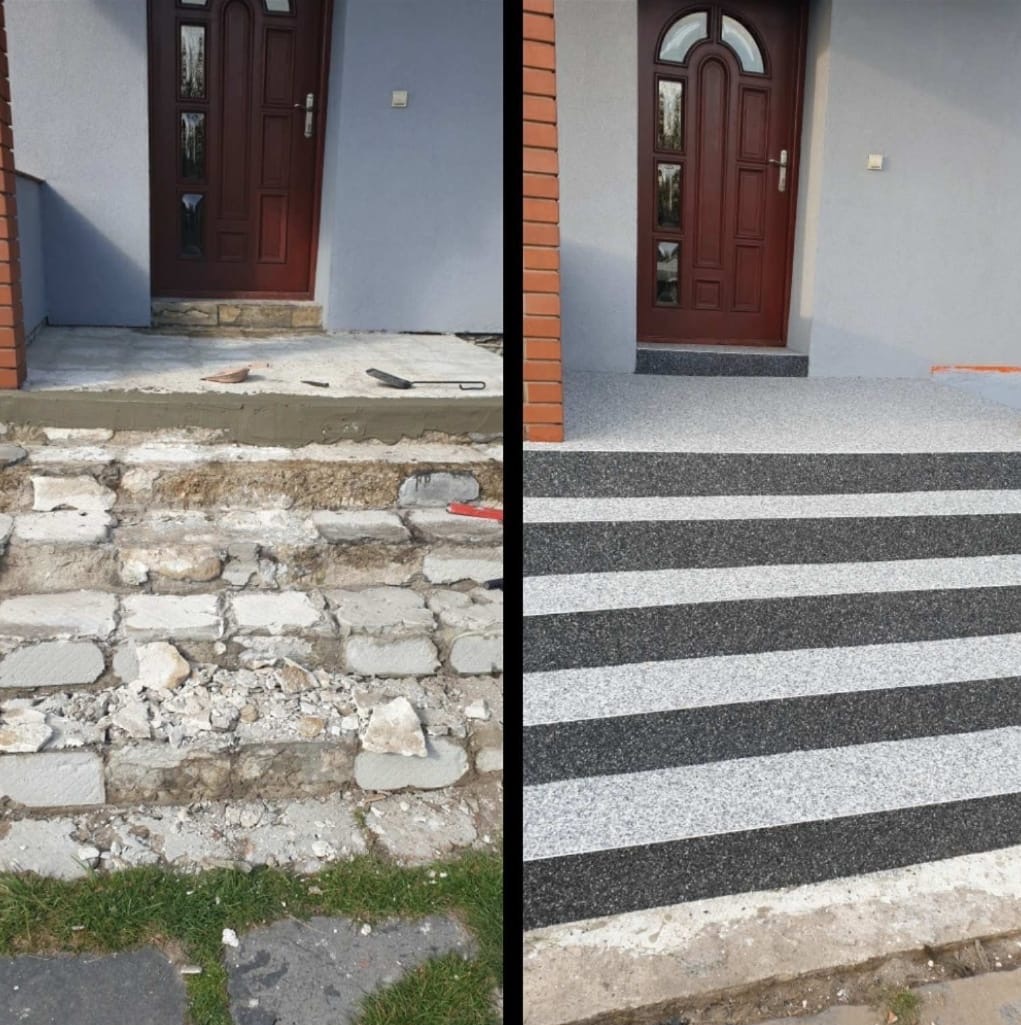 Porównanie stanu schodów wejściowych przed i po remoncie. Lewa strona: surowe, zniszczone schody z gruzem. Prawa strona: schody z nową, żywiczną nawierzchnią w czarno-białe pasy.