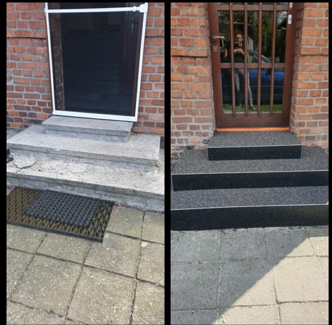 Porównanie stanu schodów wejściowych przed i po renowacji: stare, popękane schody betonowe z czarną wycieraczką, zestawione z odnowionymi schodami pokrytymi ciemną, żywiczną nawierzchnią z drobnym...