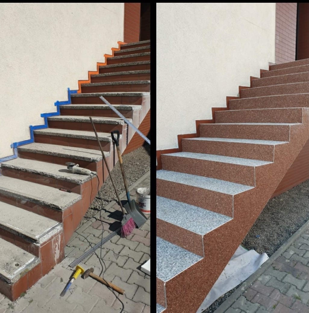 Porównanie stanu schodów zewnętrznych przed i po nałożeniu żywicznej posadzki: po lewej stronie schody z przygotowanymi krawędziami zabezpieczonymi taśmą, po prawej stronie schody po nałożeniu...
