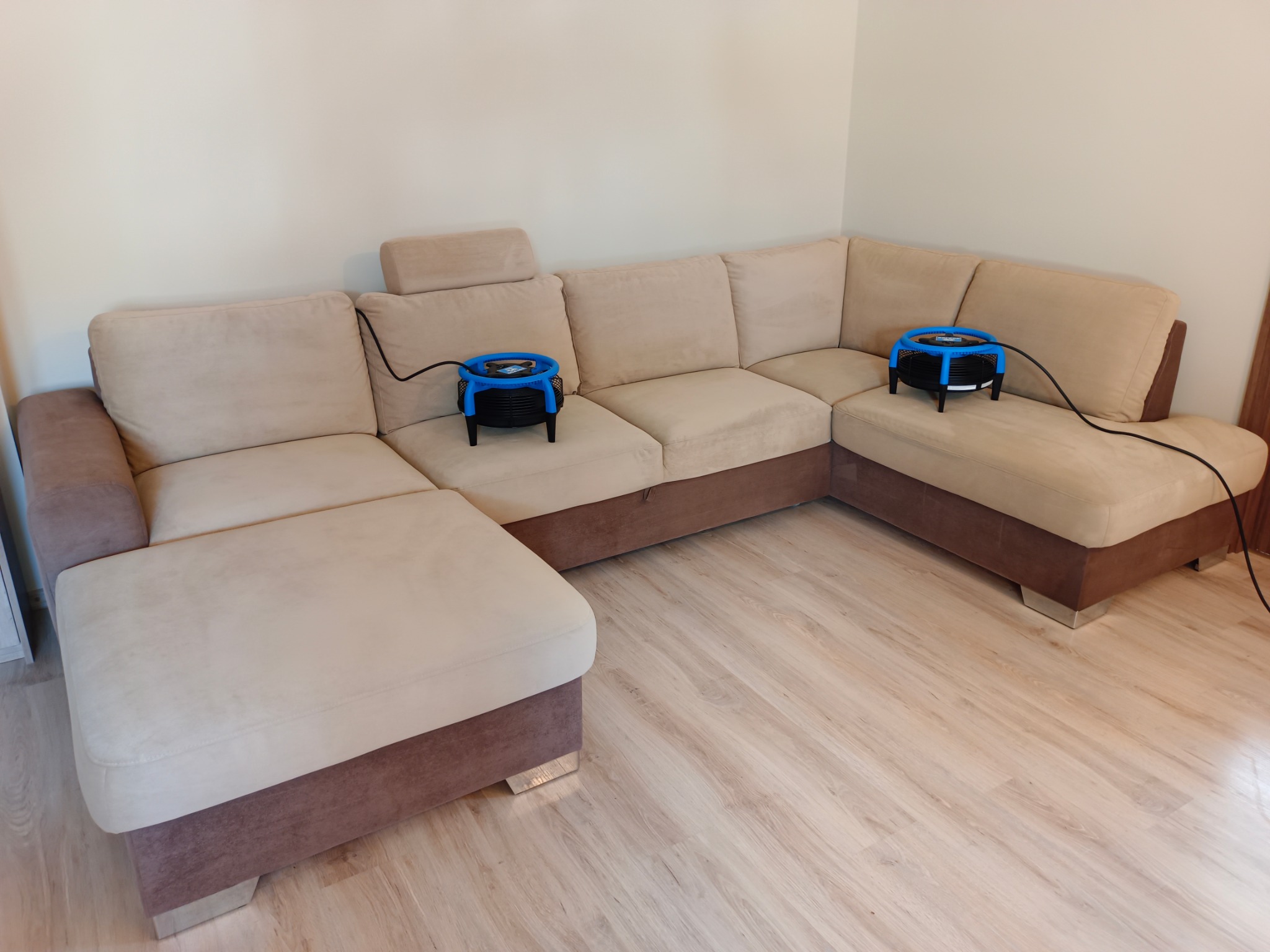 Narożnik po praniu tapicerki, na siedziskach ustawione wentylatory wspomagające suszenie. Widok na jasny, dwukolorowy mebel i drewnianą podłogę.