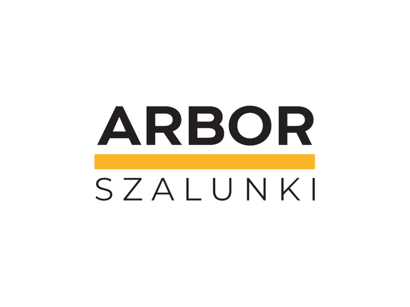 Logo firmy Arbor Szalunki z żółtym paskiem pod napisem Arbor na białym tle.