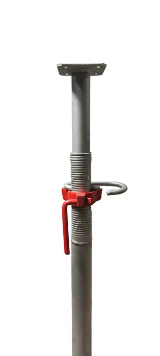 Szara, stalowa stempla budowlana z regulacją wysokości i czerwonym mechanizmem blokującym, na białym tle.