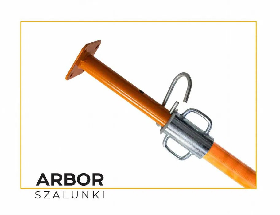 Pomarańczowa, metalowa podpora budowlana z regulacją wysokości, widok z bliska na mechanizm regulacyjny.