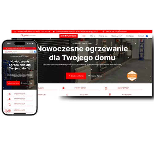 Responsywna strona internetowa instal-hydro.eu wyświetlana na monitorze i smartfonie, prezentująca nowoczesne ogrzewanie dla domu, z przyciskiem 'Zadzwoń teraz' i ofertą 'Darmowa wycena'.