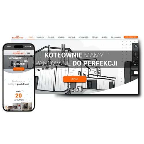 Prezentacja strony internetowej termojet.pl na ekranie smartfona obok grafiki przedstawiającej wygląd strony na większym ekranie. Strona w odcieniach szarości z pomarańczowymi akcentami, promująca...