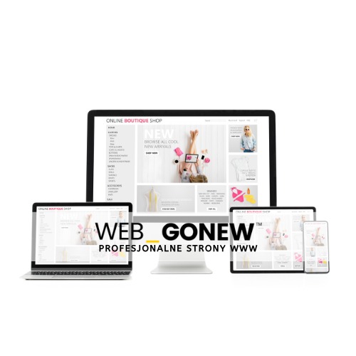 Responsywny układ strony internetowej butiku online wyświetlany na monitorze, laptopie, tablecie i smartfonie z logo 'WEB-GONEW Profesjonalne strony www' na pierwszym planie.