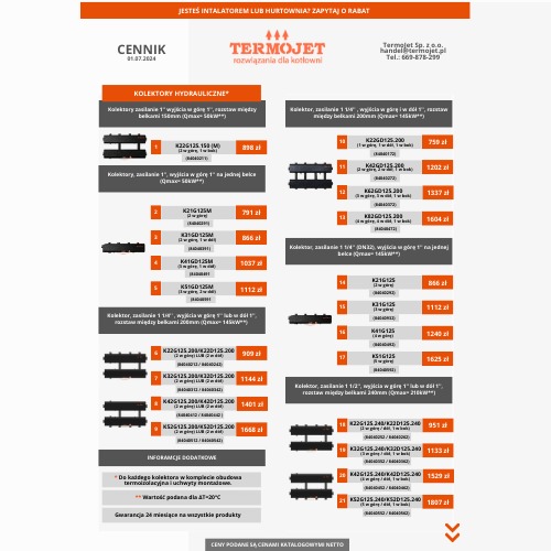 Cennik kolektorów hydraulicznych Termojet z różnymi modelami, cenami i specyfikacjami technicznymi, w tym rozstawami belek i mocą Qmax, prezentowany na białym tle.