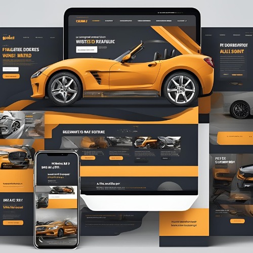 Rzut ekranu responsywnej strony internetowej z żółtym kabrioletem, wyświetlanej na laptopie i smartfonie, z ciemnym motywem i pomarańczowymi akcentami.