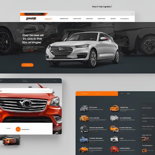 Prezentacja responsywnego projektu strony internetowej z samochodami na różnych urządzeniach: laptop, tablet i smartfon, z pomarańczowym akcentem kolorystycznym.