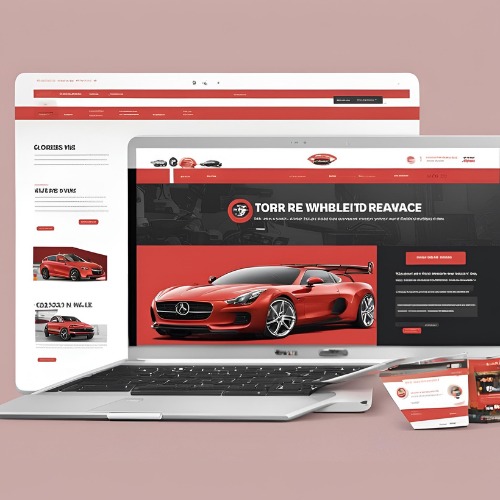 Ekrany urządzeń (laptop, tablet, smartfon) prezentujące projekt strony internetowej z motywem czerwonego samochodu sportowego na ciemnym tle.